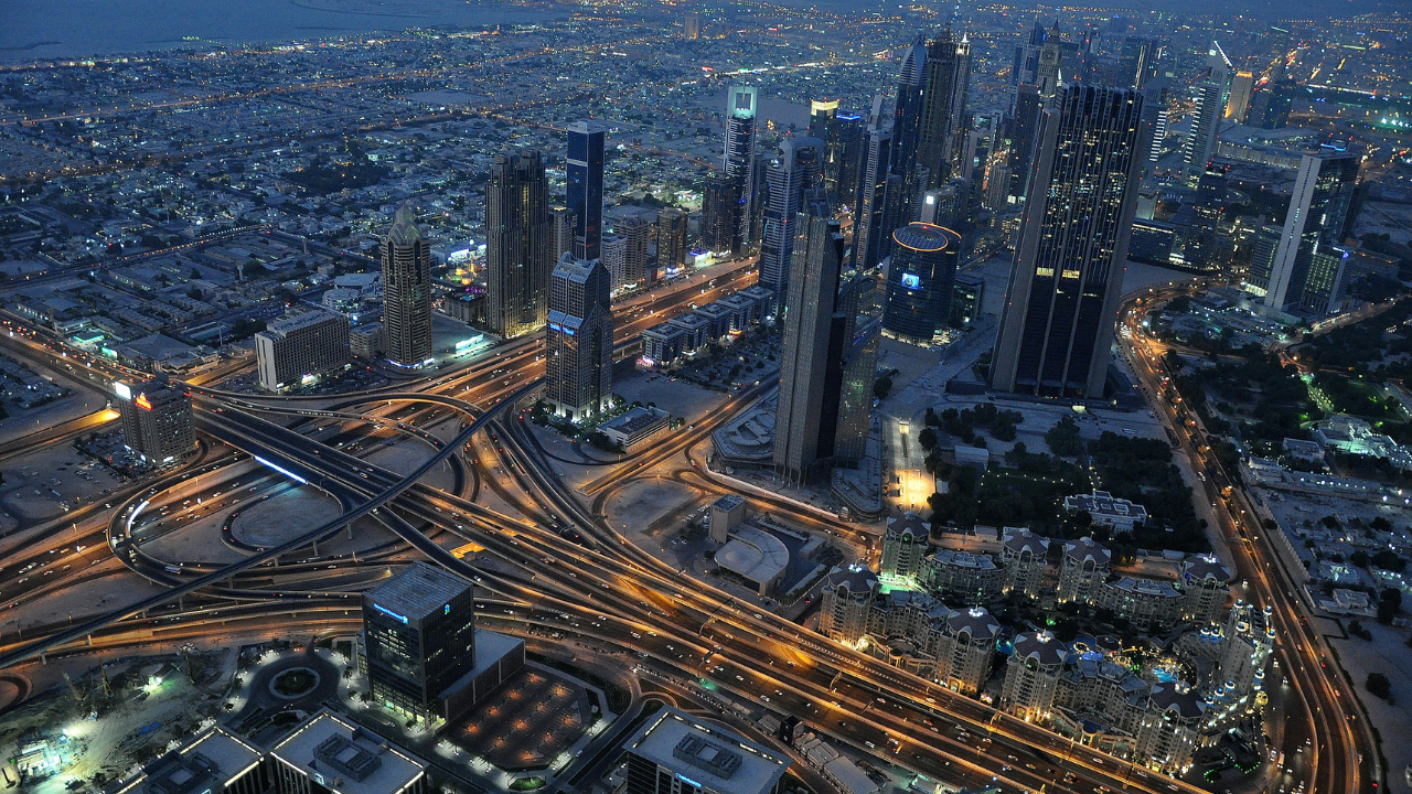 Dubai city bird's eye view at night