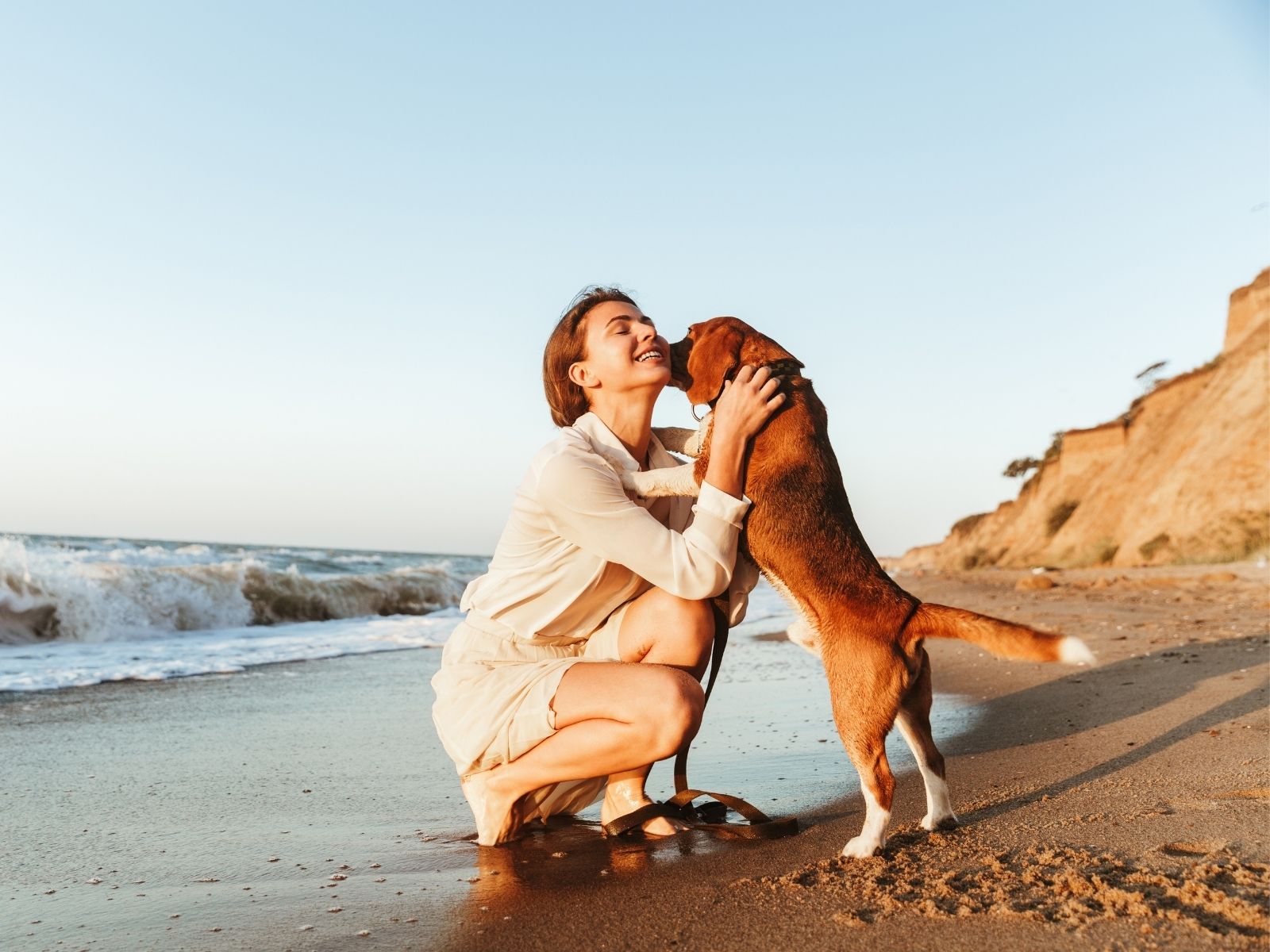 A woman crouching at the water's edge on a wide sandy beach with her dog — what a worldwide area of cover excluding the USA actually gives up